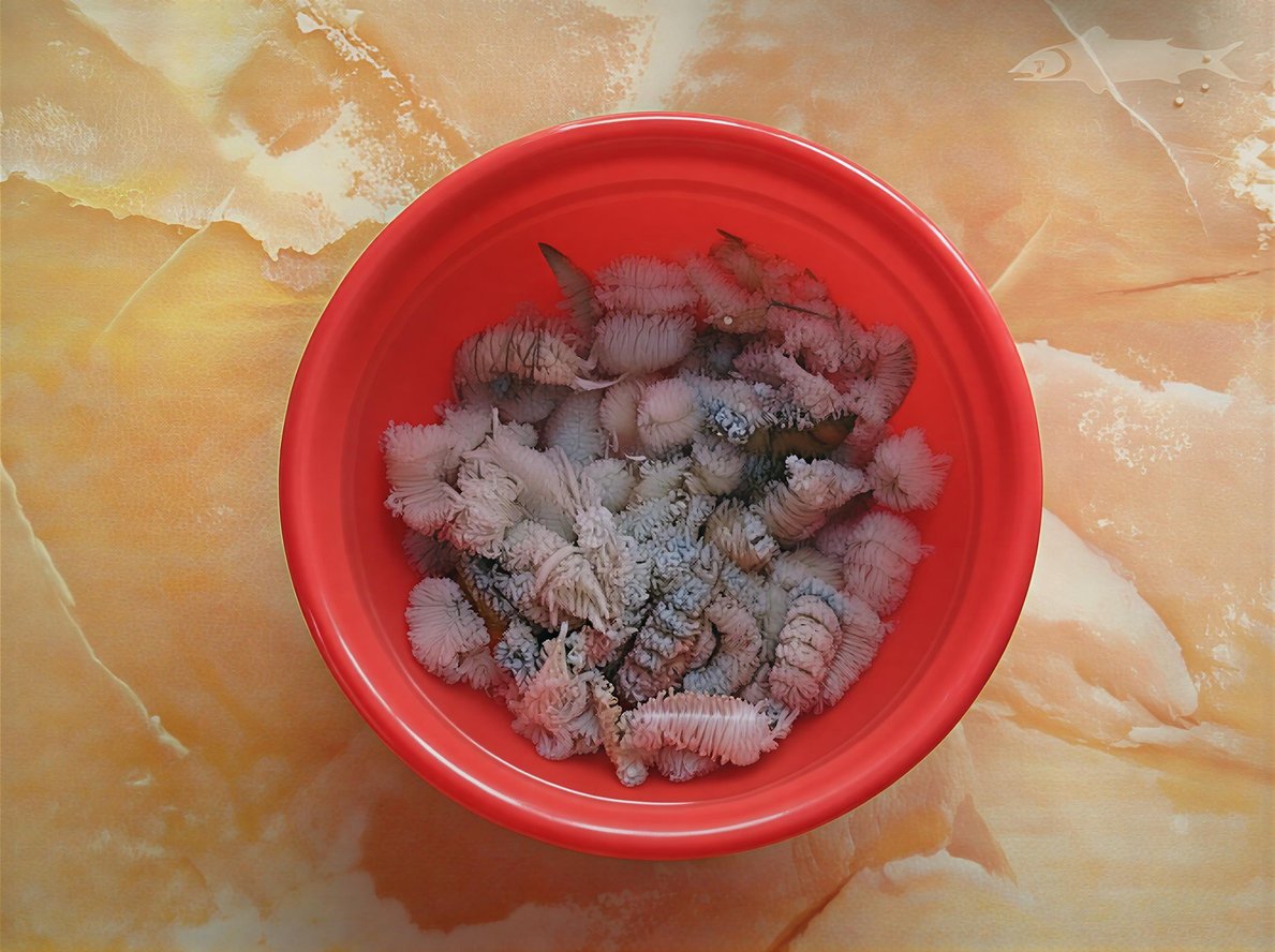 Раковые шейки (хвосты раков) в пластмассовом тазике красного цвета.
